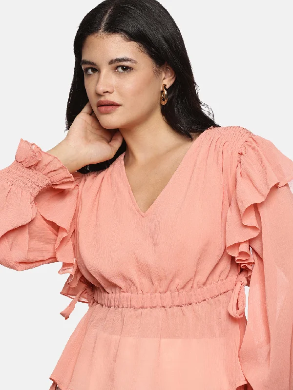 VNeckTopGladiatorIS.U Peach V-Neck Smocked Sleeve Top