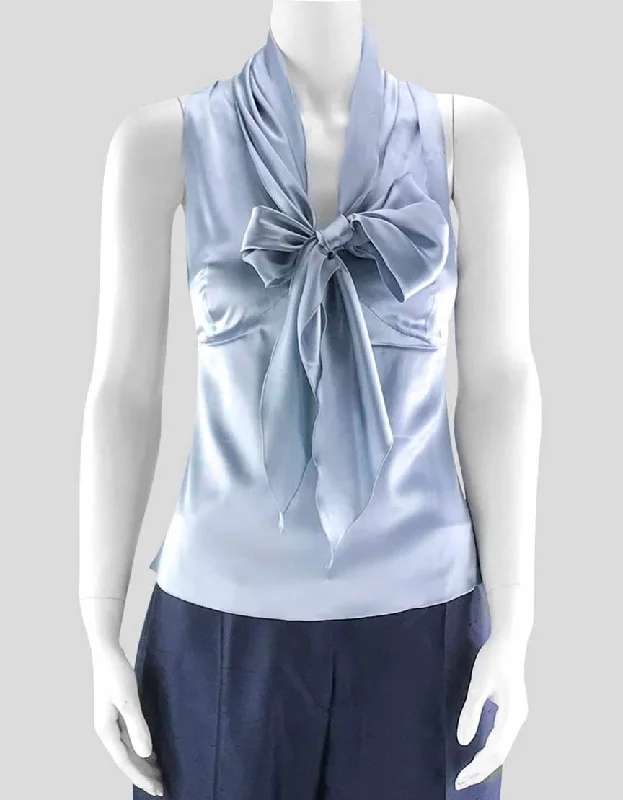 VNeckTopTitanArmani Collezioni Sleeveless Silver Blue V-Neck Silk Blouse With Tie At Bust Lined Size 42 It