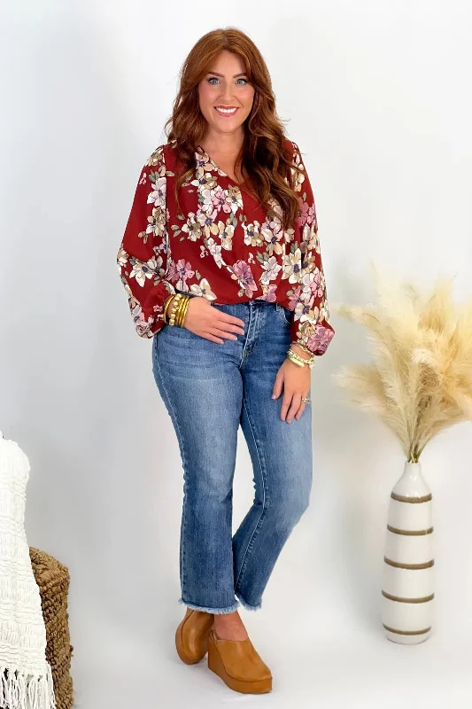 VNeckTopPrimeBurgundy Floral V-Neck Long Sleeve Top