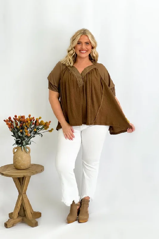 VNeckTopKrakenChocolate Collared V-Neck Ruffle Sleeve Top *Final Sale*