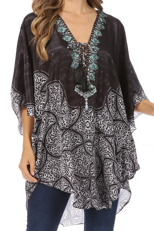 VNeckTopLunarSakkas Tallulah Wide Circle Blouse V Neck Top With Tassle Ties And Rhinestones