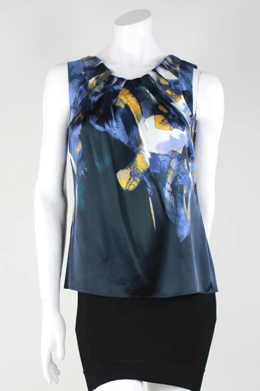 VNeckTopHydraElie Tahari Blue And Yellow Abstract Print Sleeveless Blouse With Pleated V-Neckline Size's P