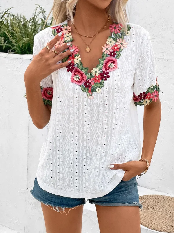 VNeckTopSolarEyelet Embroidered V-Neck Short Sleeve Blouse