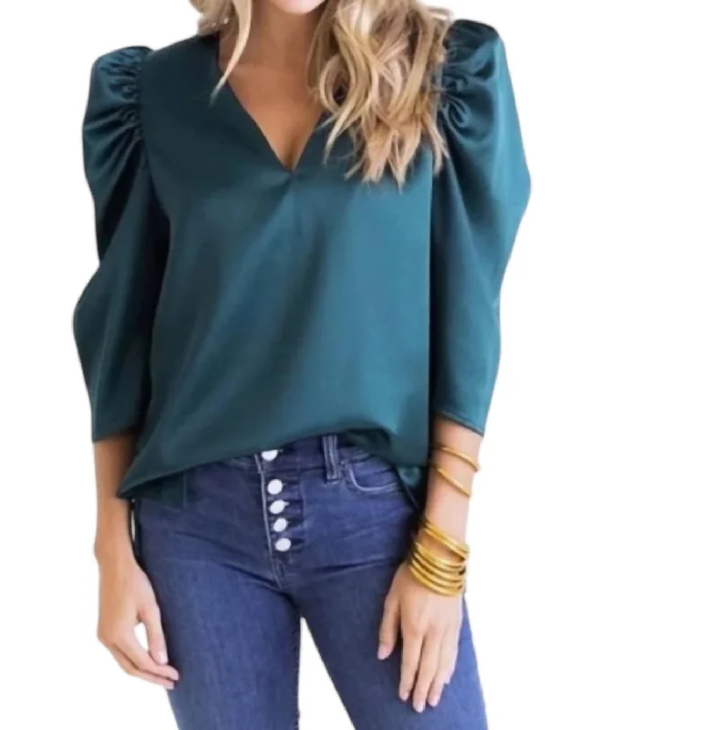 VNeckTopRiseForest V-Neck Puff Sleeve Top In Teal