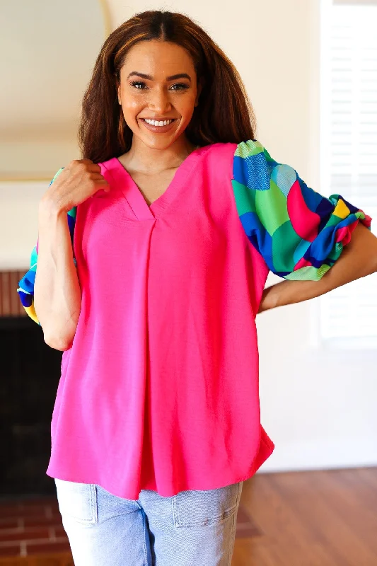 VNeckTopCanyonTell Your Story Fuchsia Geo Print Puff Sleeve V Neck Top