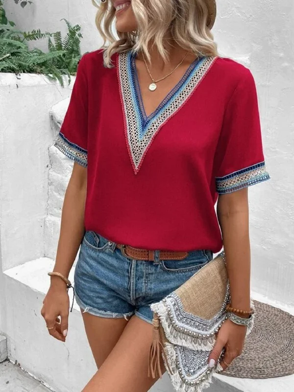 VNeckTopShiftFull Size V-Neck Short Sleeve Blouse