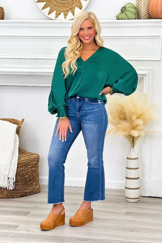 VNeckTopRiseHunter Green V-Neck Cuff Sleeve Top