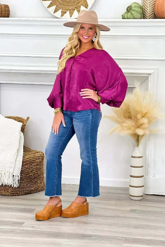 VNeckTopRoninPlum V-Neck Cuff Sleeve Top