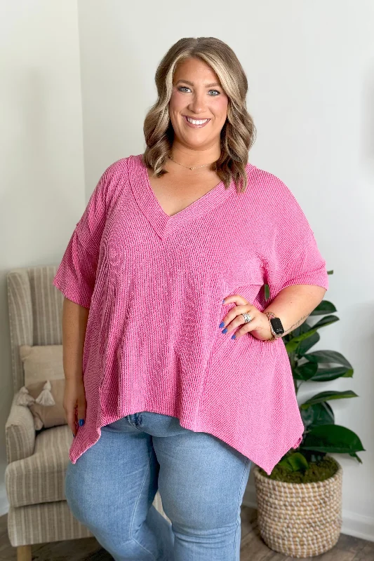 VNeckTopSparkHot Pink Textured V Neck High Low Top *Final Sale*