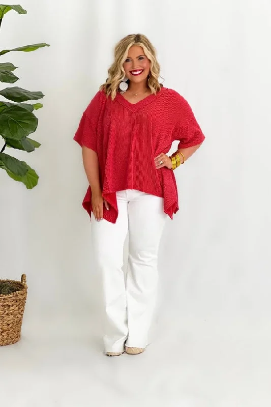 VNeckTopCanyonRed Textured V-Neck High Low Top