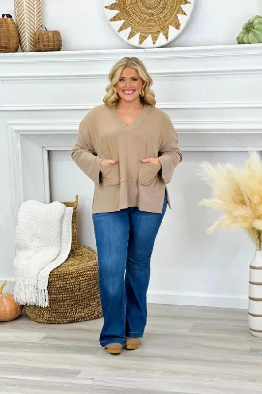 VNeckTopPeakTaupe Brushed Pocket V-Neck Top