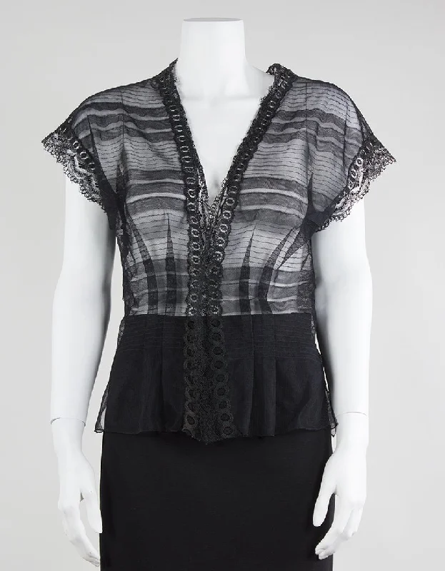 VNeckTopXLa Perla Sheer Lace V-Neck Capped Sleep Top With Stripe Design Size 44