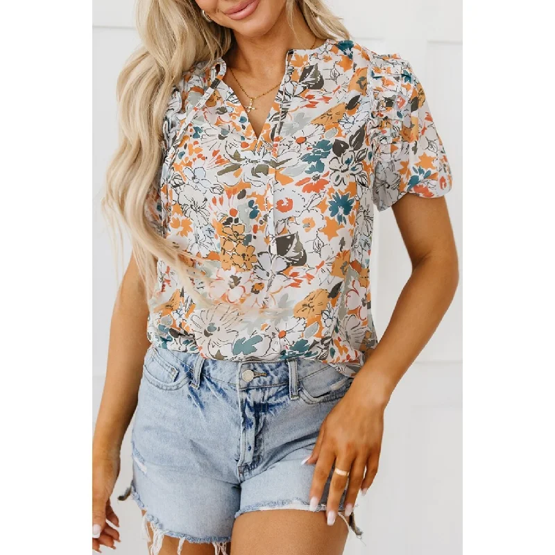 VNeckTopDiamondMilena Split V Neck Puff Sleeve Flower Print Blouse