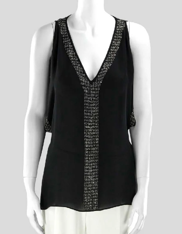 VNeckTopGriffinParker Women's Open Shoulder Black Silk Evening Blouse Deep V-Neck And Metal Accents Size X-Small