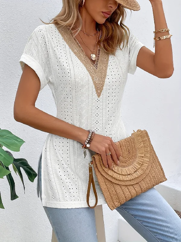 VNeckTopGoldSlit Eyelet V-Neck Short Sleeve Blouse