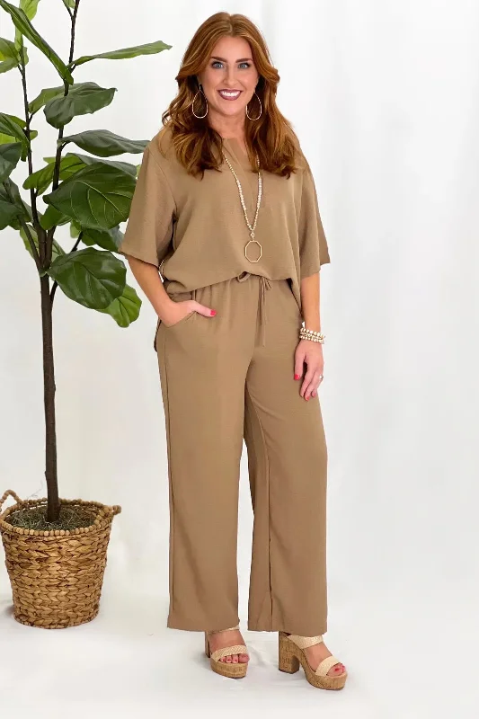 VNeckTopSteelMocha Textured V-Neck Pant Set