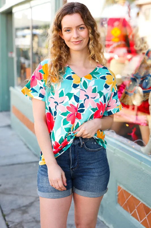 VNeckTopVortexTeal & Coral Flat Floral V Neck Top