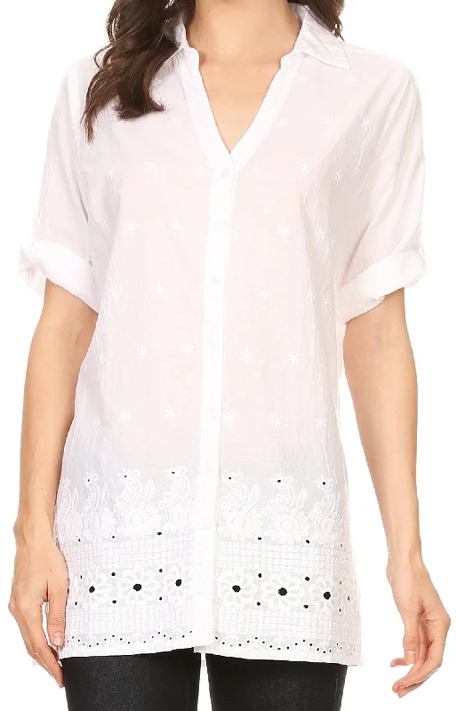 VNeckTopFusionSakkas Cecilia V-Neck Button Down 3/4 Sleeve Eyelet Shirt