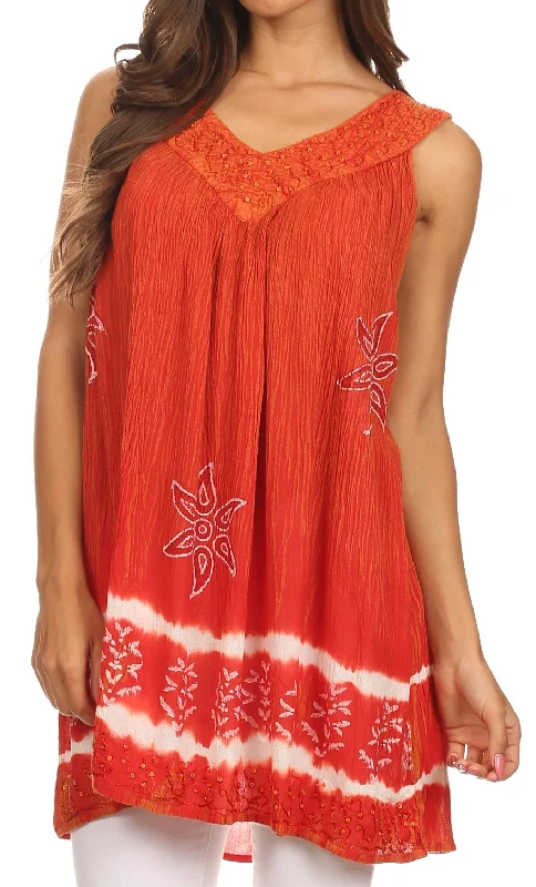 VNeckTopAuraSakkas Ruth Sequin Embroidered Batik Relaxed Fit Sleeveless V-Neck Top