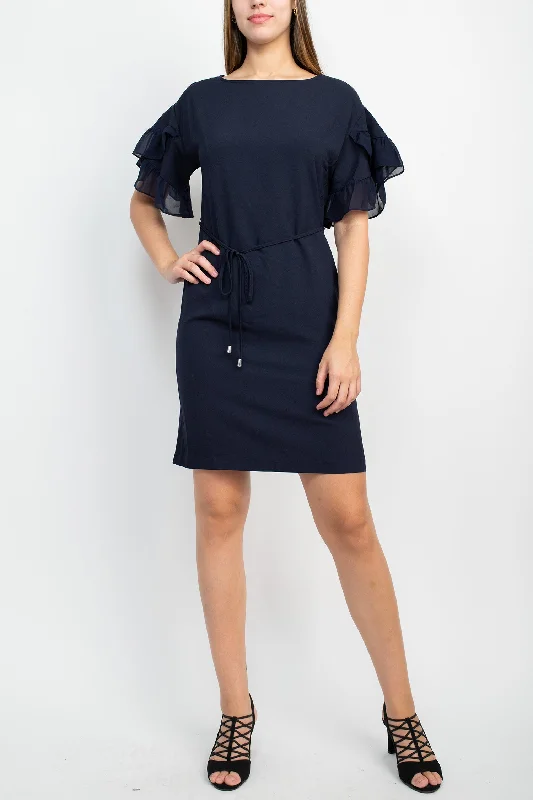 Designer DressEmma & Michele Boat Neck Flutter Short Sleeve Tie Waist Bodycon Solid Crepe Dress