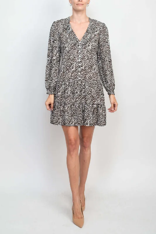 Dance DressEmma & Michele Stand Collar V-Neck Long Sleeve Button Cuff Animal Print Chiffon Short Shift Dress