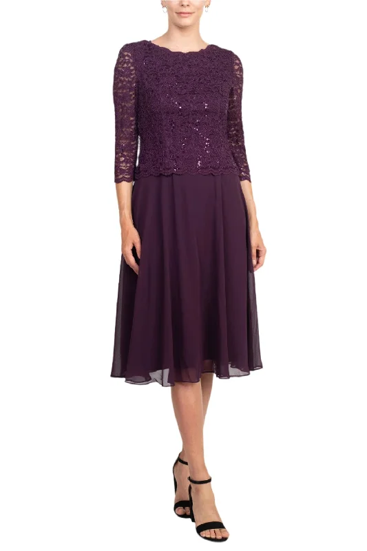 Uniform DressAlex Evenings Jewel Neck 3/4 Sleeve Embellished Lace Bodice Zipper Back Solid Tea-Length Lace & Chiffon Dress