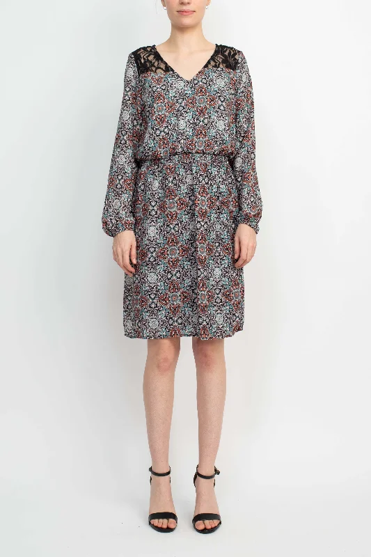 Evening DressEmma & Michele V-Neck Blouson Elastic Waist Long Sleeve Floral Print Crepe Dress