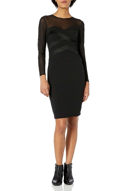 Midi DressTaylor Crew Neck Long Sleeve Crossed Bodycon Keyhole Zipper Back Crepe Mesh Dress