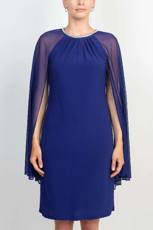 Fleece-lined DressR&M Richards Embellished Crew Neck Cape Sleeve Zipper Back Solid Chiffon Dress