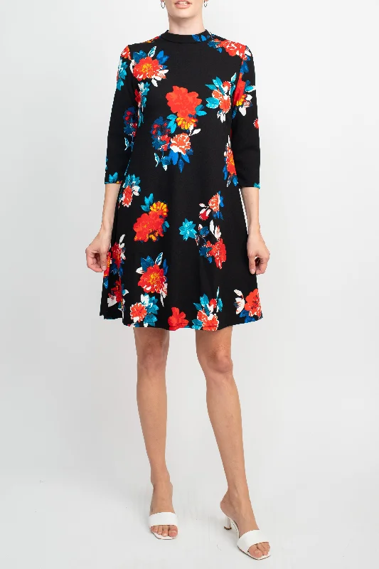 T-shirt DressDanillo Crew Neck 3/4 Sleeve A-Line Zipper Back Floral Print Crepe Dress