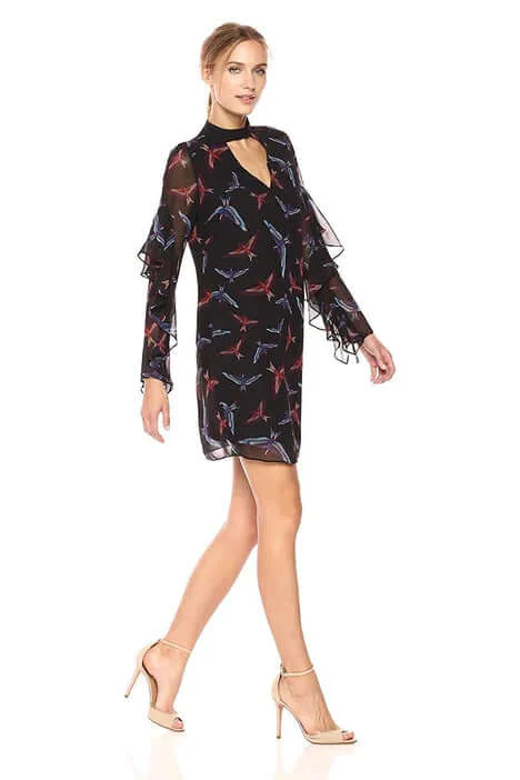 Evening DressSam Edelman High Neck Cutout Front Flutter Long Sleeve Zipper Back Bird Print Chiffon Dress