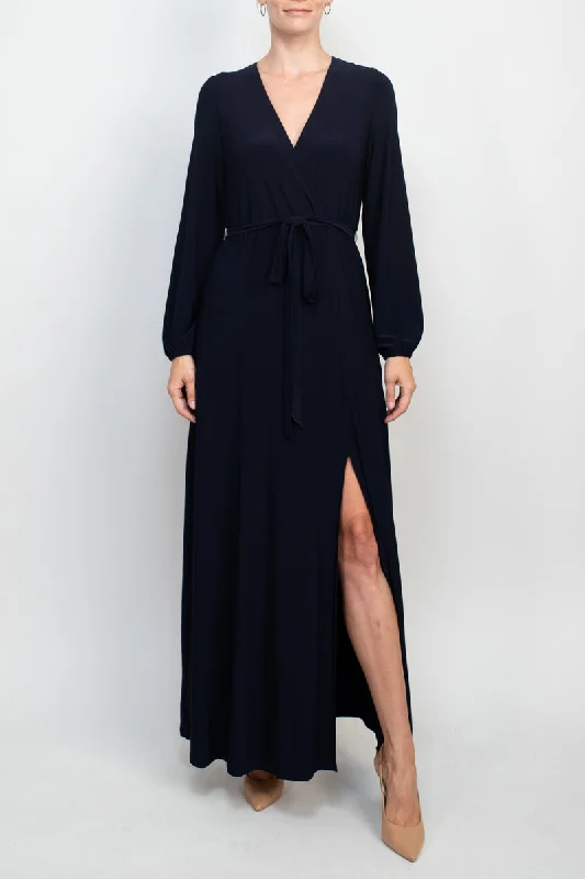 School DressMarina V-Neck Long Sleeve Slit Front Solid Jersey Long Dress