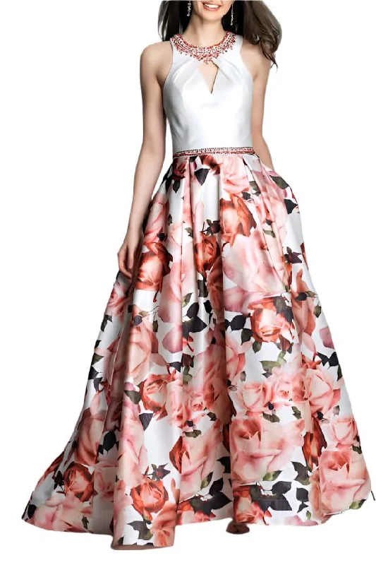 Prom DressDave & Johnny Embellished Neck Ruched Sleeveless Cutout Back Pleated Floral Print Twill Dress