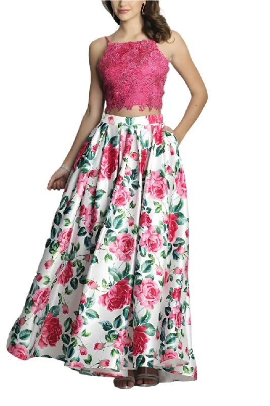 Gala DressDave & Johnny Spaghetti Strap Embellished Floral Embroidered Lace Bodice Pleated Floral Print Mikado Dress