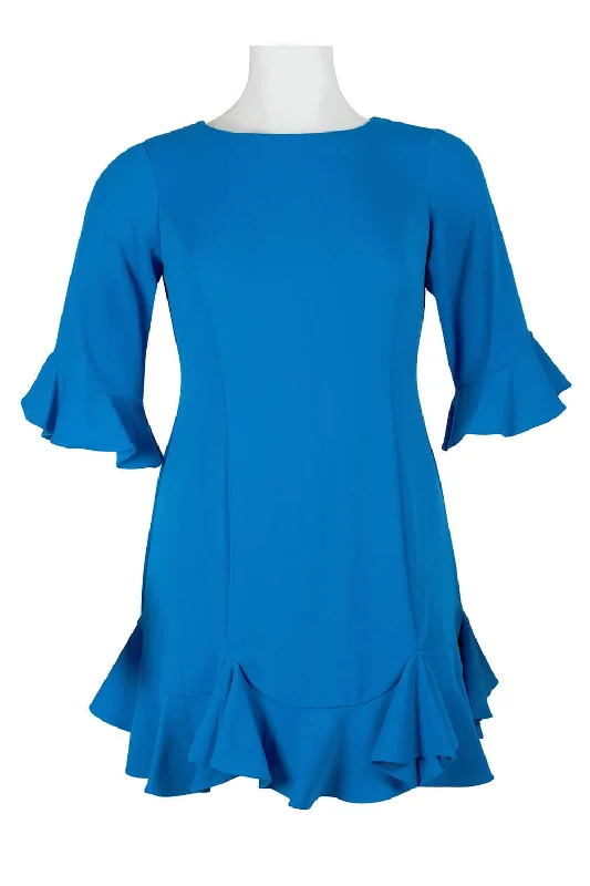 Cheerleader DressAdrianna Papell Crew Neck Circular Flounce Sleeve Zipper Back Flutter Solid Crepe Dress (Plus Size)