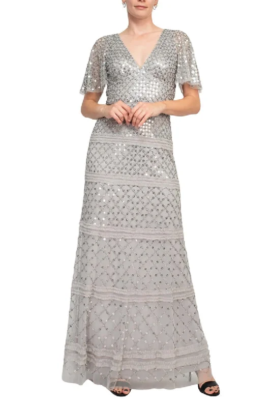 Bridal DressAidan Mattox V-Neck Short Sleeve Beaded Sequined Piping Detail Zipper Back Mesh Dress