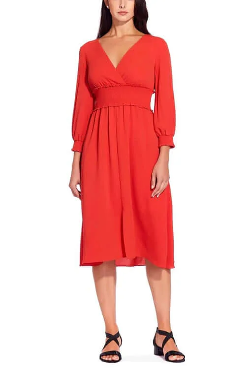 Hiking DressAdrianna Papell V-Neck Long Sleeve Ruched Flutter Solid Polyester Dress