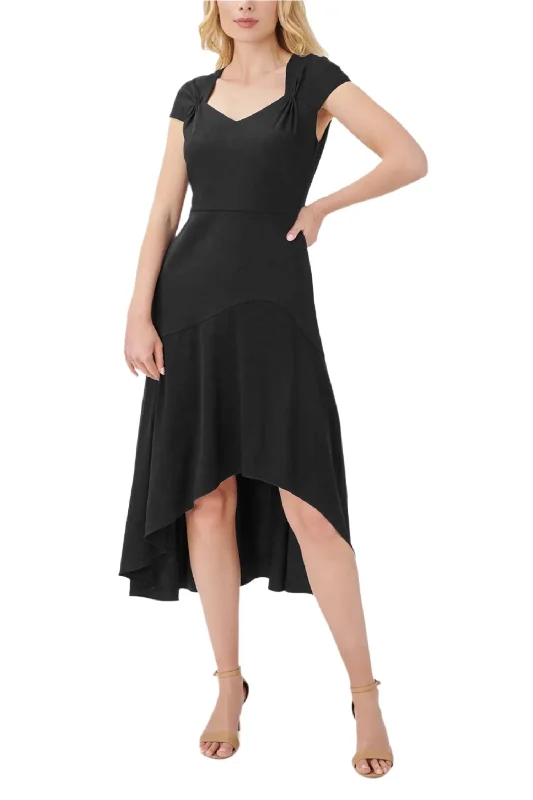 Bridal GownAdrianna Papell Bertha Neck Cap Sleeve Fit Flare Solid High Low Hem Crepe Dress