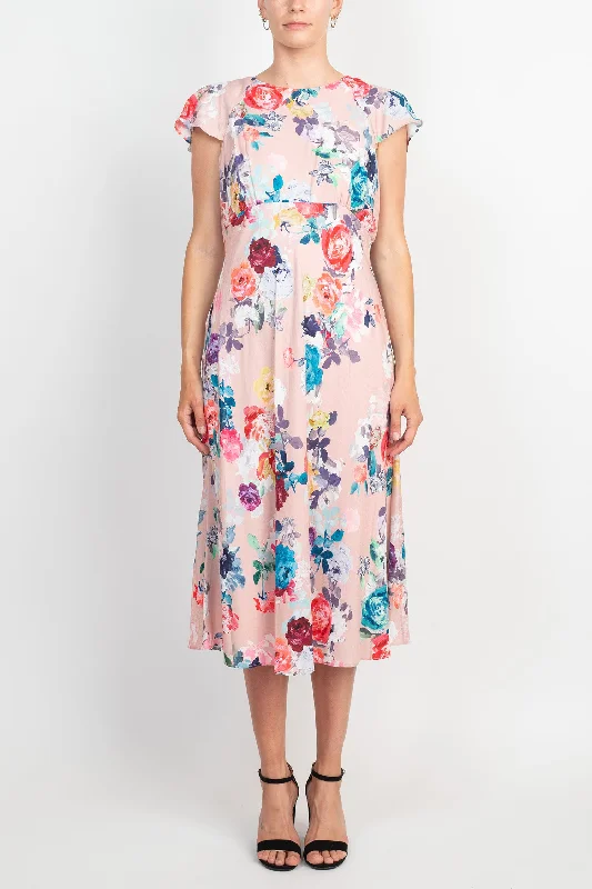 Striped DressAdrianna Papell Jewel Neck Flutter Sleeve & Soft Pleats Floral Print Empire Waist Midi Dress