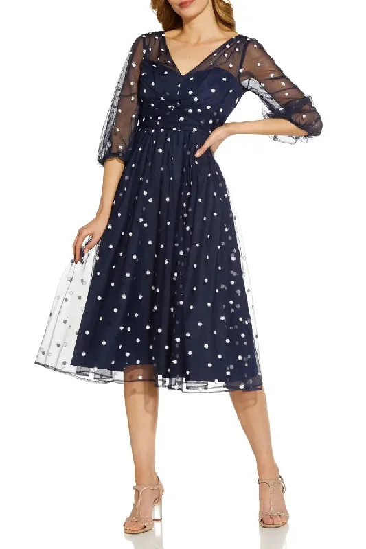 Fleece-lined DressAdrianna Papell Surplice V- Neck Back Zipper 3/4 Sleeves Beaded Midi Dress