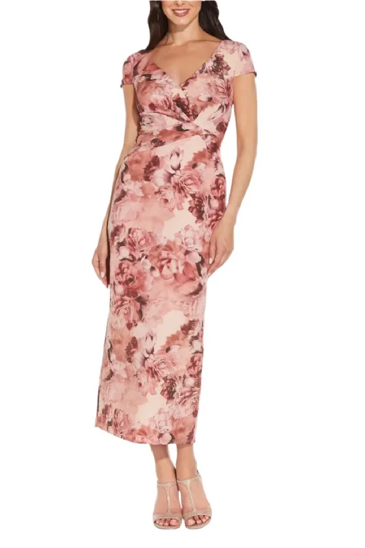 Short-sleeve DressAdrianna Papell V-Neck Cap Sleeve Gathered Front Zipper Back Ribbed Column Floral Print Metallic Dress