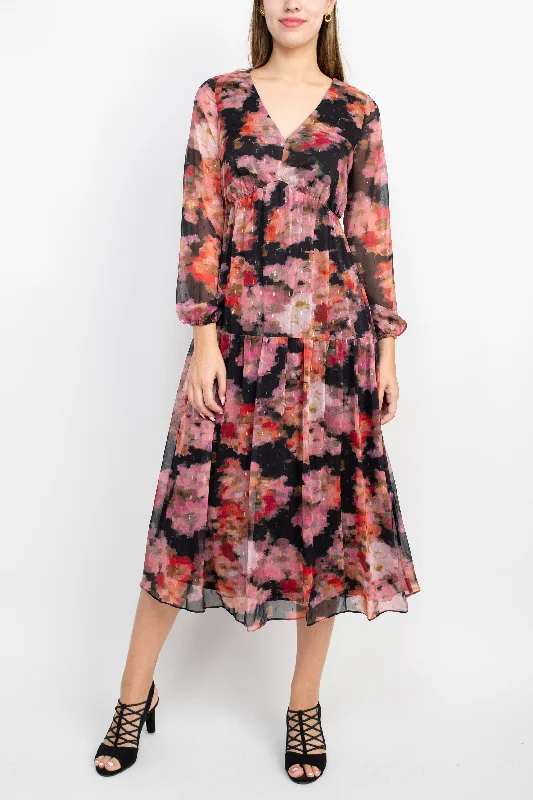 Puff-sleeve DressAdrianna Papell V-Neck Long Sleeve Floral Print Empire Waist Tiered Chiffon Dress