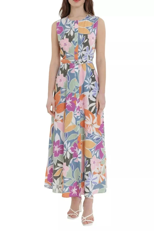 Strapless DressDonna Morgan Crew Neck Button Down Belted Pockets Floral Print Slit Side Satin Dress