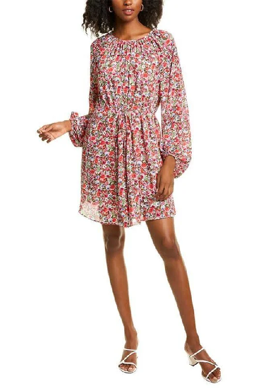 One-shoulder DressMaggy London Crew Neck Long Sleeve Gathered Elastic Cuff’s Tie Waist Floral Print Keyhole Back Button Closure Sift Crepe Dress