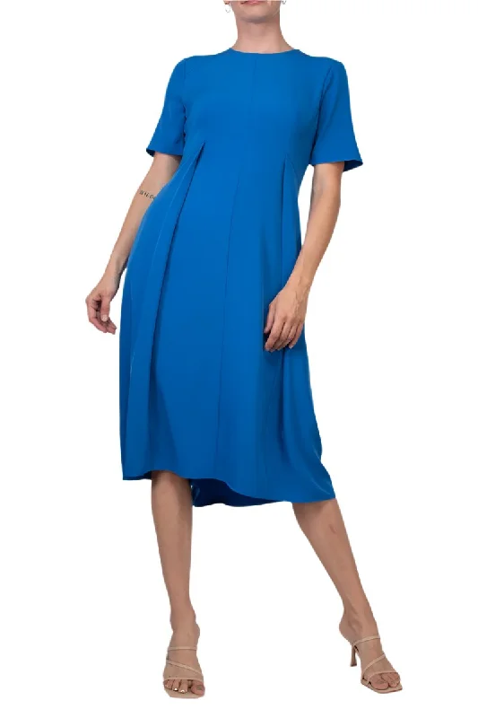 Prairie DressMaggy London Crew Neck Short Sleeve Pleated Solid Zipper Back Scuba Dress