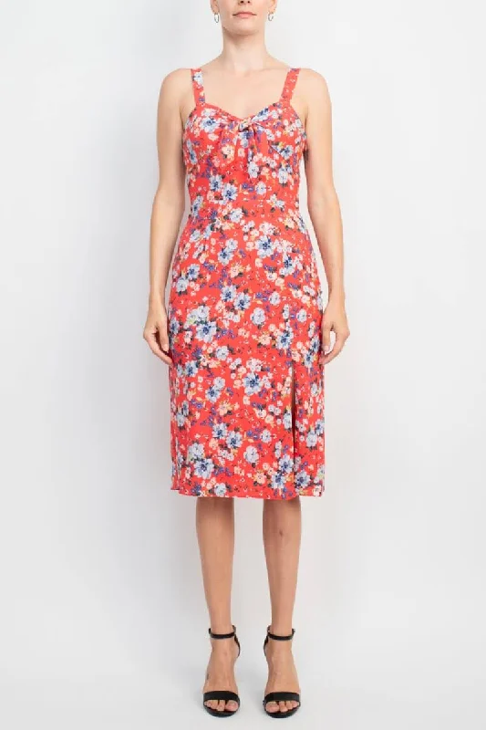 Mini DressBCBG Generation Strap Shoulder Sweetheart Neck Bow Detail Keyhole Front Elastic Back Floral Print Crepe Dress