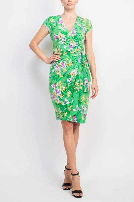 Sleeveless DressMaggy London V-Neck Sleeveless Tie Waist Gathered Side Floral Print Jersey Dress