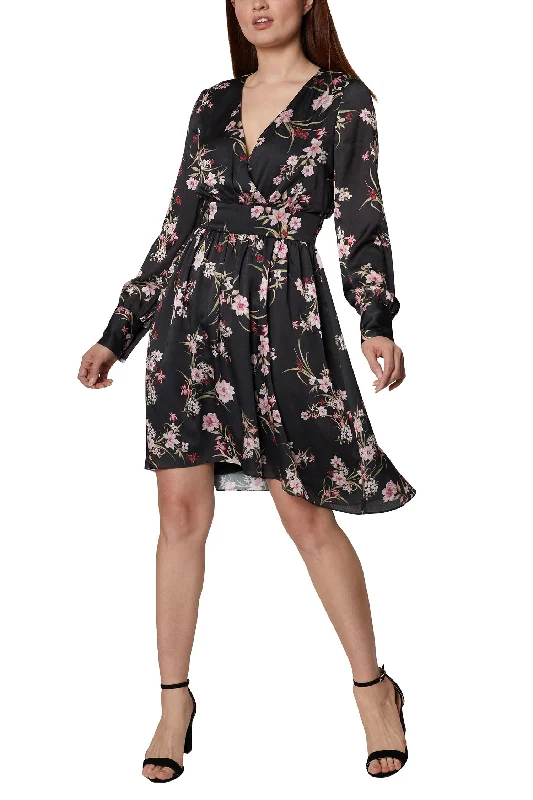 Rain DressBCBG Generation V-Neck Long Sleeve Banded Waist Floral Print Fit & Flare Satin Dress