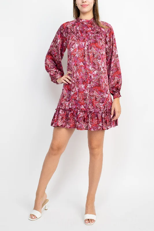 Athletic DressBCBG Generation Crew Neck Ruffle Detail Long Sleeve Cutout Back Multi Print Satin Dress