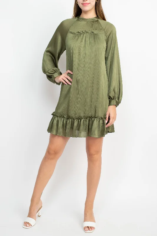 Tutu DressBCBG Generation Crew Neck Long Sleeve Ruffled Detail Cutout Back Solid Satin Dress